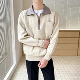 Bequemer premium-herrenpullover mit umgekehrtem kragen mit halbem reißverschluss – Beige