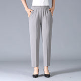 Damen Elastischer Bund mit Taschen Stoffhose – Grau