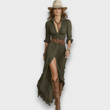 Selvya – Maxi-Plissee-Kleid mit Taillengürtel – Grün