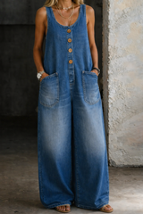 Greta | Damen Ärmellos Overall mit Knöpfen – Blau