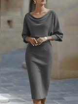 Amyy - Elegantes Midi Kleid Mit Langen Ärmeln – Grau