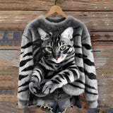 Zohara – Kunstfellpullover Mit Katzenprint – Grau