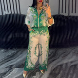 Katya - Eleganter Blumen Drucken Zweiteiliges Set – Grün