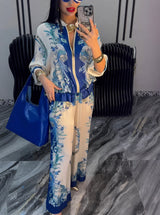 Katya - Eleganter Blumen Drucken Zweiteiliges Set – Blau