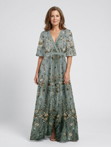 Evadne | Besticktes V-Ausschnitt Maxikleid – Grün