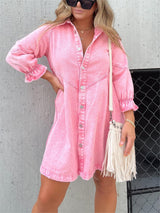 Nola | Stilvolles Denim-Midi-Kleid mit Umlegekragen – Rosa