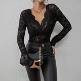 Diana | Damen Elegantes Spitzenkleid Langarm V-Ausschnitt – Spitze Kleid Langarm 2026 – Schwarz