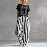 Hermione | Damen Gestreiftes Wide Leg Sommer Set – Schwarz