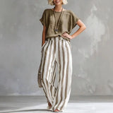 Hermione | Damen Gestreiftes Wide Leg Sommer Set – Khaki