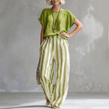 Hermione | Damen Gestreiftes Wide Leg Sommer Set – Grün