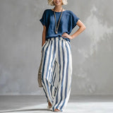 Hermione | Damen Gestreiftes Wide Leg Sommer Set – Dunkelblau