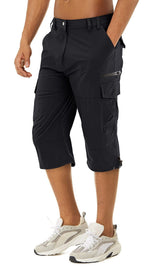 Herren 3/4 Cargo-Shorts mit Reißverschlusstaschen und Gürtelschlaufen – Schwarz