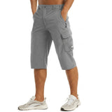 Herren 3/4 Cargo-Shorts mit Reißverschlusstaschen und Gürtelschlaufen – Hellgrau