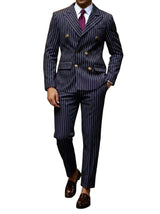 Herren Anzug mit Nadelstreifen und zweireihiger Knopfleiste und spitzem Revers – Marineblau