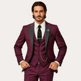 Herren Anzugset mit Sakko, Weste und Hose mit Reverskragen – Burgund