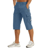 Herren Cargo Shorts Knielänge Seitentaschen Gürtelschlaufen Knopfverschluss – Blau