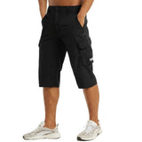 Herren Cargo Shorts Knielänge Seitentaschen Gürtelschlaufen Knopfverschluss – Schwarz