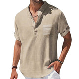 Herren Henley Hemd mit Kurzarm und Stehkragen und Brusttasche – Khaki