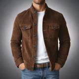 Herren Jacke mit Knopfleiste, Stehkragen und Brusttaschen mit Klappe – Dunkelbraun