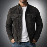Herren Jacke mit Knopfleiste, Stehkragen und Brusttaschen mit Klappe – Schwarz