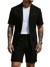 Herren Kurzarm-Blazer und Shorts Set mit Strukturmuster – Schwarz