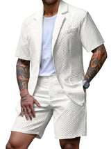 Herren Kurzarm-Blazer und Shorts Set mit Strukturmuster – Weiß