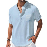 Herren Kurzarm Henley Hemd mit Stehkragen und Brusttasche – Hellblau