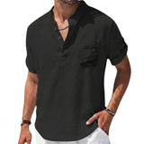 Herren Kurzarm Henley Hemd mit Stehkragen und Brusttasche – Schwarz
