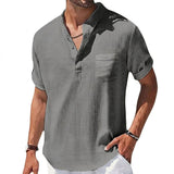 Herren Kurzarm Henley Hemd mit Stehkragen und Brusttasche – Grau