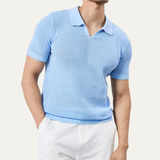 Herren Kurzarm Strick Polohemd mit offenem Kragen und Rippabschlüssen – Blau