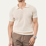 Herren Kurzarm Strick Polohemd mit offenem Kragen und Rippabschlüssen – Beige