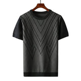 Herren Kurzarm Strickoberteil mit geometrischem V Muster – Schwarz