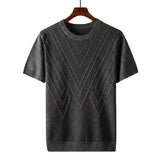 Herren Kurzarm Strickoberteil mit geometrischem V Muster – Grau