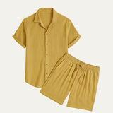 Herren Kurzarmhemd und Shorts Set – Senfgelb