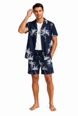 Herren Kurzarmhemd- und Shorts-Set mit Palmenmuster – Marineblau