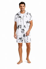 Herren Kurzarmhemd- und Shorts-Set mit Palmenmuster – Weiß