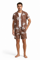 Herren Kurzarmhemd- und Shorts-Set mit Palmenmuster – Braun
