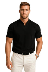 Herren-Kurzarmshirt mit Split-Kragen und Rippbündchen – Schwarz