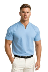 Herren-Kurzarmshirt mit Split-Kragen und Rippbündchen – Hellblau