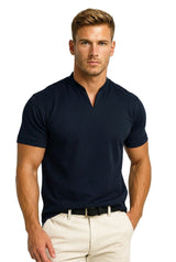 Herren-Kurzarmshirt mit Split-Kragen und Rippbündchen – Dunkelblau