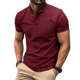 Herren-Kurzarmshirt mit Stehkragen und Knopfleiste – Weinrot