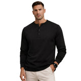 Herren-Langarm-Henley-Shirt mit Knopfleiste und Rippbündchen – Schwarz