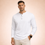 Herren-Langarm-Henley-Shirt mit Knopfleiste und Rippbündchen – Weiß