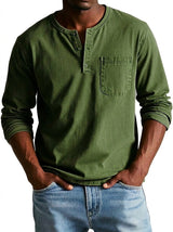 Herren Langarm-Henleyshirt mit Knopfleiste und Brusttasche – Oliv
