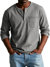 Herren Langarm-Henleyshirt mit Knopfleiste und Brusttasche – Grau