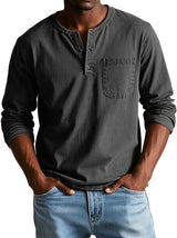 Herren Langarm-Henleyshirt mit Knopfleiste und Brusttasche – Schwarz