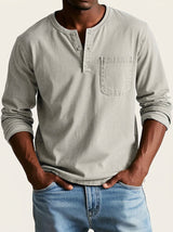 Herren Langarm-Henleyshirt mit Knopfleiste und Brusttasche – Hellgrau