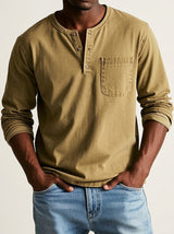 Herren Langarm-Henleyshirt mit Knopfleiste und Brusttasche – Gelb
