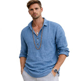 Herren-Langarmhemd mit Henley-Ausschnitt und Knopfleiste – Blau