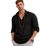 Herren-Langarmhemd mit Henley-Ausschnitt und Knopfleiste – Schwarz